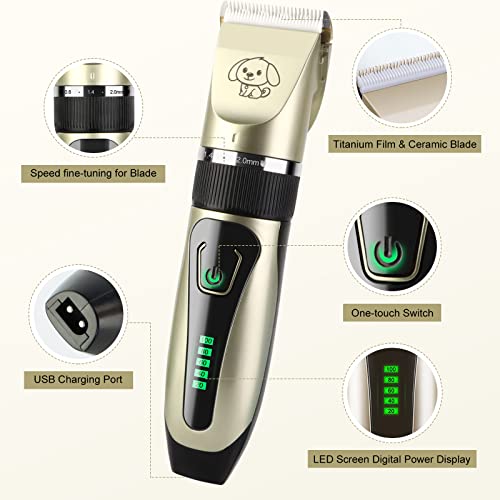 JOPHEK Dog Clipper, Quiet Dog Cat Hair Trimmer, Professional Cat Trimmer - Electric Wireless Pet Trimmer (Golden)