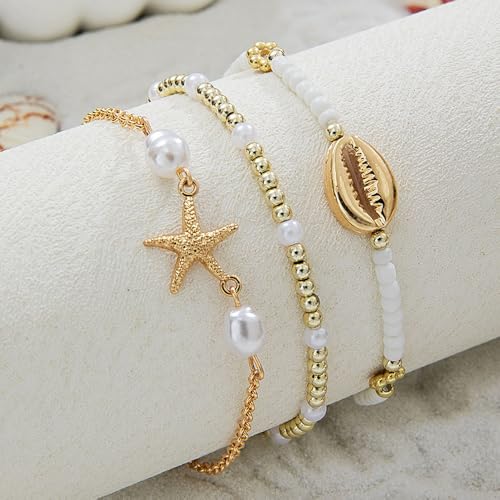 Beach Jewelry Accessories for Women,Trendy Gold Seashell Starfish Bracelet Set Charm Pearl Beaded Layered Bracelets,Boho Stackable Stretch Bracelets4
