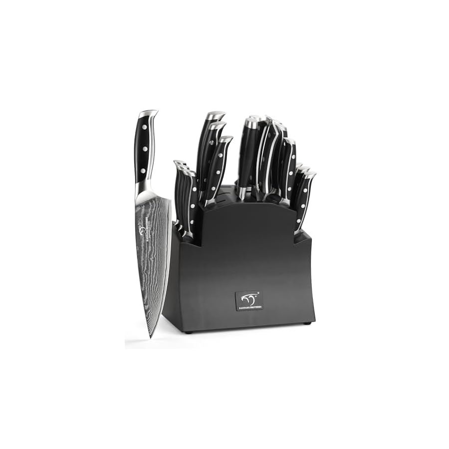 16PCS-Damascus-Kitchen-Knife-Set-with-Block-Razor-Sharp-VG10-67-Layer-Steel-and-Triple-Rivet-Handle-6-Serrated-Steak-Knives-Meat-Fork-Knife-Sharpener-Kitchen-Scissor-Chef-Knife-Set-Black 16PCS Damascus Kitchen Knife Set with Block, Razor Sharp VG10 67-Layer Steel and Triple Rivet Handle, 6 Serrated Steak Knives, Meat Fork, Knife Sharpener, Kitchen Scissor, Chef Knife Set, Black