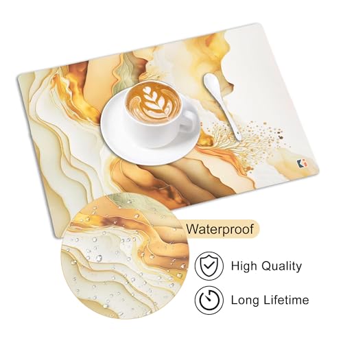 Image of Kuber Industries 12 Pcs Set Wipeable & Reusable PVC Placemats for Dining Table | Food Mats & Dining Table Accessories for Home, Bedroom & Kitchen | Marble Print - Cream & Gold