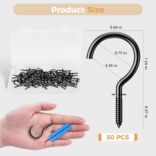RELBRO Screw Hooks, 1-1/4 Inch Metal Screw in Cup Hooks, Black, 50 Pcs