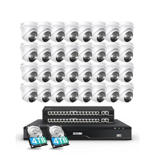 ZOSI 32 Channel 4K PoE Security Camera System, 32 x 4K Spotlight Outdoor Indoor Cameras, Face Person Vehicle Detection, 2 Way Audio, 32CH 8MP Surveillance NVR with 8TB HDD for Business 24/7
