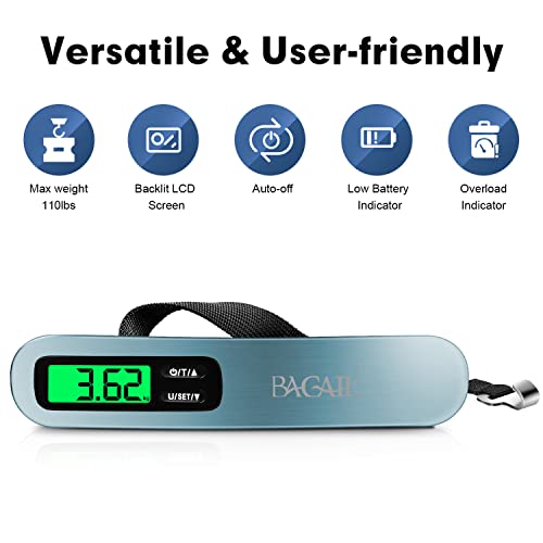BAGAIL Digital Luggage Scale, Hanging Baggage Scale with Backlit LCD Display, Travel Weight Scale, Portable Suitcase Weighing Scale with Hook, 110lb/50kg Capacity, Battery Included - Blue