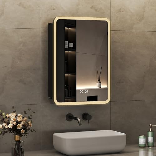 Boromal Spiegelschrank Bad mit Beleuchtung Schwarz Badezimmer Spiegelschrank mit Beleuchtung Metall Badezimmerschrank mit Dimmbar, Beschlagfrei, Stecker und Verstellbare Glasablage (50x70x12,5cm)