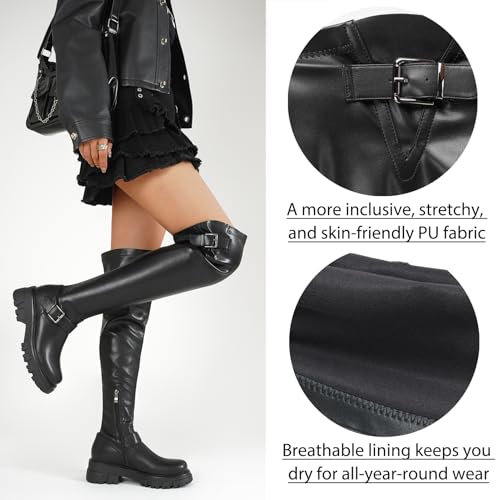 Image of CouieCuies Black Thigh High Boots For Women Platform Over The Knee High Boots Lug Sole Comfortable Stretch Boots 6-11