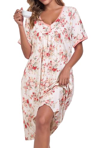 Image of AVIIER Nightgows for Women Soft Cotton Night Shirts Short Sleeve Sleepwear with Pockets