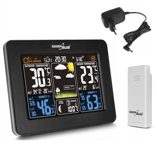 GreenBlue GB523 Station météo sans fil avec alarme sonde extérieure Réveil Calendrier Baromètre Thermomètre Phases de lune DCF (GB523)