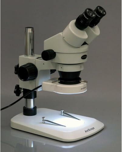 Image of AmScope SM-1BN-80S Professional Binocular Stereo Zoom Microscope, WH10x Eyepieces, 7X-45X Magnification, 0.7X-4.5X Zoom Objective, 80-Bulb LED Ring Light, Pillar Stand, 110V-240V