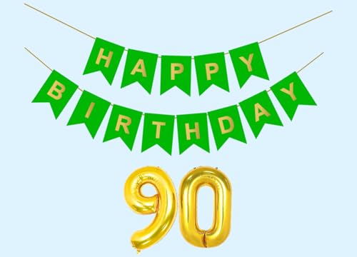 Image of 90th Happy Birthday Decoration Kit Green for 90 year Old Men Women with Number NinetyParty Decorations Decor Celebration Items Item Set Combo Reusable Paper Banner
