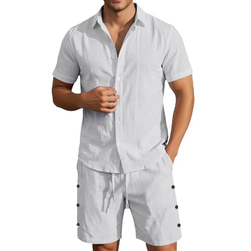 Ensemble en lin pour homme avec chemise respirante et short d'été de loisirs uni