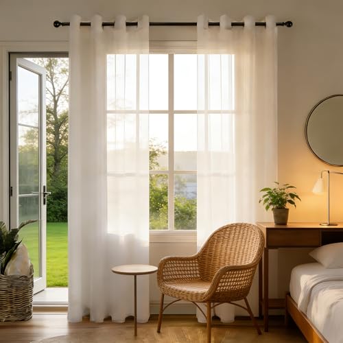 Rideau voile blanc pour chambre et salon moderne effet lin à œillets - 2