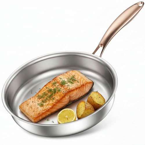 Akaice Edelstahlpfanne 28cm, Titan Pfanne Induktion, 18/10 Edelstahl Bratpfanne unbeschichtet mit Roségoldgriff ohne PTFE, PFAS, PFOA Für Gas, Elektro Induktion, Keramik Herd, Backofen, Geschirrspüler
