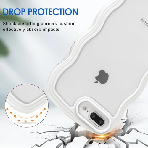 Image of GoldKart iPhone 7 Plus / 8 Plus Case Wavy Edge Clear Back Design, Anti-Slip Grip Cute Wave Curly Frame Shape Shockproof Soft TPU & Hard PC Bumper Protective Phone Case Cover for Women Girls - White