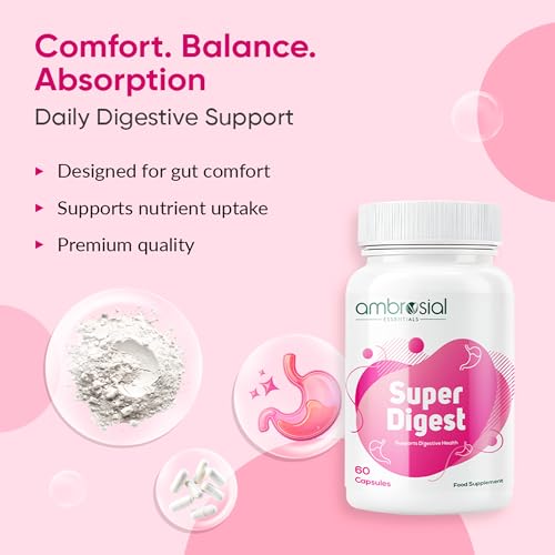 Ambrosial Super Digest with Betaine hcl Pepsin, Ox-Bile, Pancreatin & L-Glutamic Acid | Digestive Enzyme Supplements to Support Optimal Digestion & Gut Health (Pack of 1-60 Capsules)