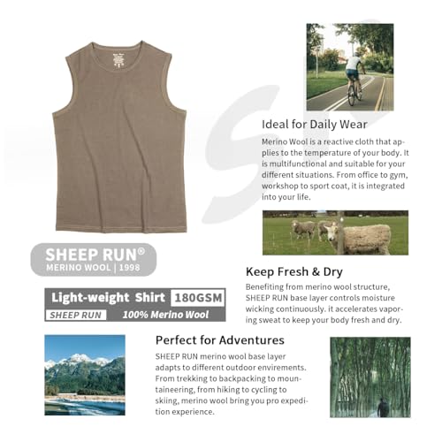 SHEEP RUN 100% Merino Wool Tank Top Men's Lightweight Wicking Breathable Workout Activewear Shirt2