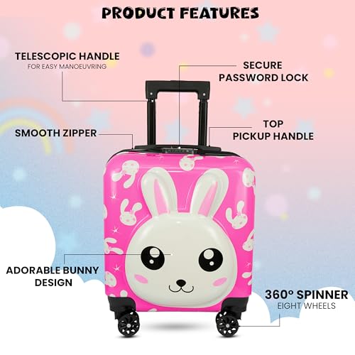 Image of Storite 18 Inches Kids Trolley Bag Hard-Sided Polycarbonate Cute Rabbit Print Spinner Suitcase Trolley Bags for Kid's Travel (Pink - 35 x22 x 37 Cm)