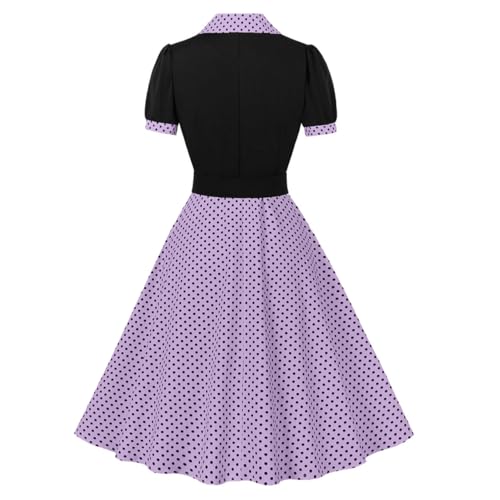 Image of ODIZLI Women's 1950s Retro Dress Short Sleeve Notched Lapel Polka Dot Stripe Swing Dress with Belt Cocktail Dress