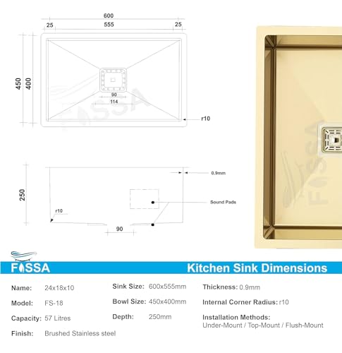 Image of Fossa 24x18x10 Inch ๐-๐๐๐๐ ๐๐๐๐๐๐๐๐ Single Bowl Handmade Kitchen Sink | Premium Stainless Steel | Under /Top Mount Sink with Drain & Sound Pads | Home Modular Sink Gold (Matte Finish)