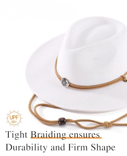 Image of Home Prefer UPF50+ Men's Wide Brim Straw Fedora Sun Hat with Badge Lanyard