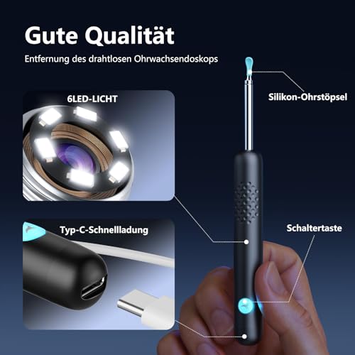 Ohrenschmalz Entferner Otoskop, 1080P HD WiFi Ohrenreiniger Kamera, 3.5mm Ohr Kamera mit 6 LEDs, IP67 Wasserdicht Ohrenspiegel, 360°-Weitwinkel Otoskop Kamera für Erwachsene,Kinder,iOS,iPad,Android