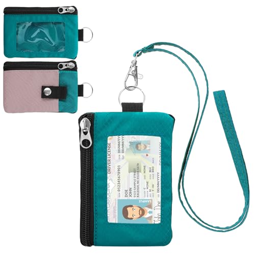 Image of Minimalist RFID Wallet with Lanyard, Multi-Functional ID Case with 2 Zipper Pockets and Key Chain for Men and Women, Tactical Badge Pouch Cards Holder, Coin Purse for Travel - Peacock&Pink