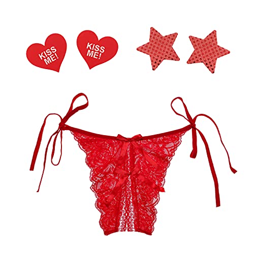 Celamirio Women's Side Tie Lace Thong Underwear Petite Red XXS