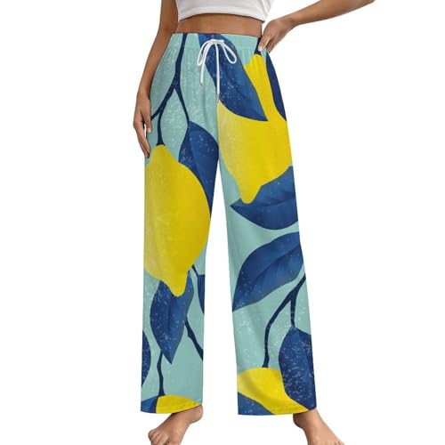 Vêtement pantalon de nuit femme bleu citron taille S en tissu fluide