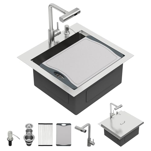 Kichae 21 Inch Outdoor Kitchen Sink - 21" x 20" Stainless Steel Drop Sink 16 Gauge with Pull Down Faucet Combo & Cover for Small Outdoor Kitchens, Bar Prep, and RV Use