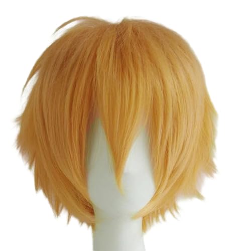S-noilite Unisex Short Yellow Orange Wig Short Layered Pixie Anime Cosplay Wig for Men Women with Bangs Synthetic Hair for Halloween Comic-cons Costume Theme Party