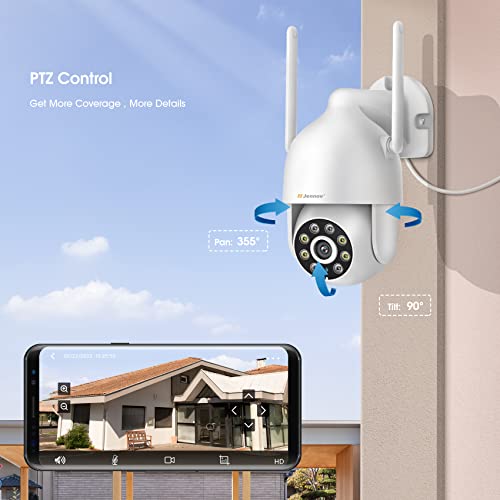 jennov caméra surveillance wifi extérieure sans fil, 2k caméra de sécurité extérieure pan/tilt vue à 360°avec vision nocturne,détection de mouvement,audio bidirectionnel, Étanche ip66, blanc