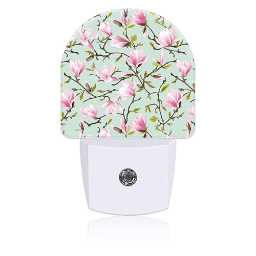 Image of Plug in Night Lights Magnolia Flowers and Leaves Nightlight Plug Into Wall Dusk to Dawn Sensor LED Night Light for Kid Girls Boys Room Decor, Hallway, Kitchen, Bathroom, Nursery, Stairs