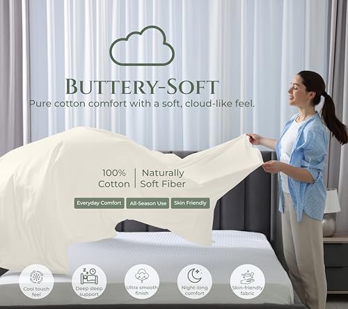 Image of Royale Linens 100% Organic Cotton Queen Size Flat Sheet Only - Percale Top Sheets - Queen Flat Sheet Sold Separately - Lightweight & Super Soft 100% Cotton Ivory Bed Sheets Only (90 inch x 102 inch, Ivory)