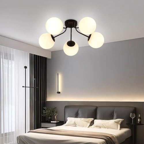 Image of Prop It Up Modern Globe Ceiling Light, 5-Light Semi Flush Mount, Black Metal Frame with White Glass Shades, Without Bulb