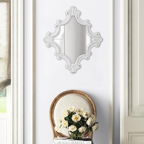 Vintage White Mirrors for Wall 21x 24 Inch Hanging Distressed Carved Wood Ornate Scrollwork Rhombic Mirror Rustic Diamond Mirror for Small Bathroom Entryway Horizontal or Vertical