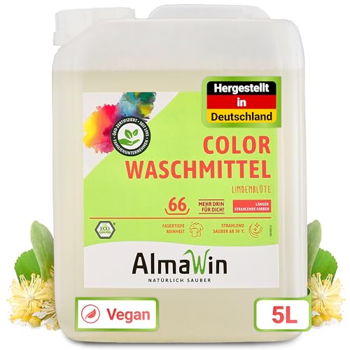 AlmaWin® Color Waschmittel flüssig [5L - 66 Ladungen] mit Lindenblüten-Duft für strahlende Reinheit – Öko Waschmittel Color anwendbar für 30-60°C – Veganes Flüssigwaschmittel