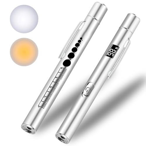 KEWAYO Pen Torch, Reusable Dual Light Source Flashlight, Battery Level Display, Magnetic Cap, Pupil Gauge and Clip, for Inspection, Outdoor & Emergency Use (1, Silver)