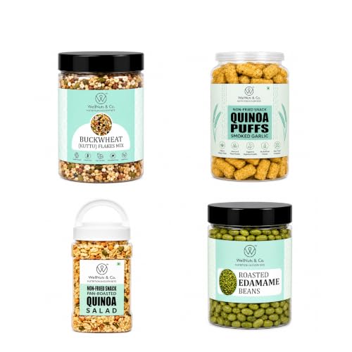 Image of WellNuts & Co. Healthy Snack Combo Pack of 4 |Buckwheat Flakes Mix - 200g, Quinoa Puffs Smoked Garlic - 200g, Quinoa Salad - 325g, Roasted Edamame Beans - 200g| Roasted & Ready to Eat Snacks | High Protein & High Fiber Combo | Snacks for Healthy Everyday