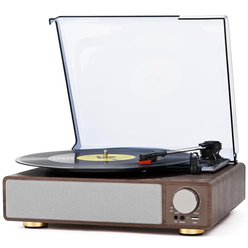 Vinyl Record Player Turntable,Built-in Bluetooth & 2 Stereo Speakers,Record Player 3 Speed 3 Size Turntables for Vinyl Records,Headphone,Auto Stop,RCA Line (Brown)