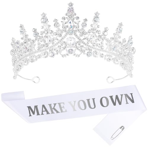 FASOTY Custom Sash with Crown White Blank Satin Sash For Women Girls Birthday Prom Pageant Bride to Be Make Your Own