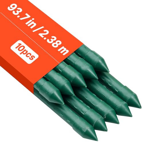 VEVOR Garden Stakes 10 Pack 93.7 inch Plastic Coated Metal Tomato Stakes Garden Sticks for Plants Support with Pointed End and Non-Slip Bumps for Growing Climbing Plants Outdoor Vegetables