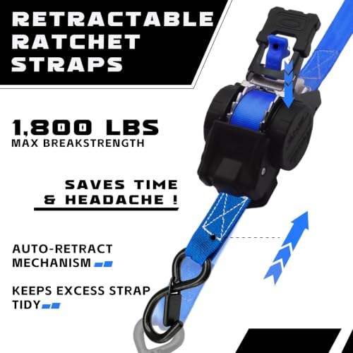 Image of Retractable Ratchet Straps 1 inch x 13 Ft, Bolt-On, 1,800 Lbs, Blue, 2 Pack