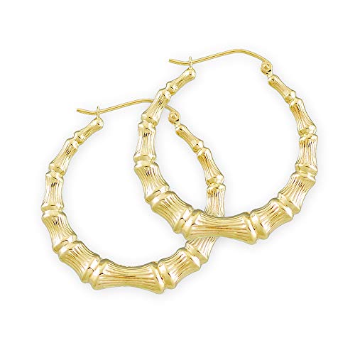 10k Yellow Gold Round Bamboo Hoop Earrings 1.2 Inches