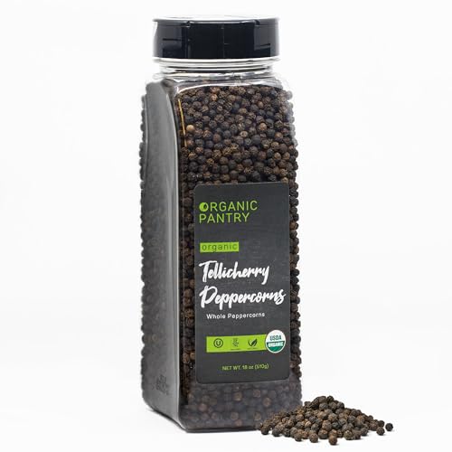 THE ORGANIC PANTRY Organic Peppercorns – 18oz Tub - USDA Organic Whole Black Tellicherry Peppercorns – Steam Sterilized All Natural Organic Black Pepper - Perfect Whole Peppercorns for Grinder Refill