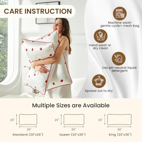 Image of THXSILK Set of 2 Natural Mulberry Silk Pillowcase Hypoallergenic Zipper Pillow Case - Grade 6A+ Mulberry Real Silk Pillowcase Organic Silk Pillow Cover (White Strawberry, Queen Size 20 inchx30 inch)