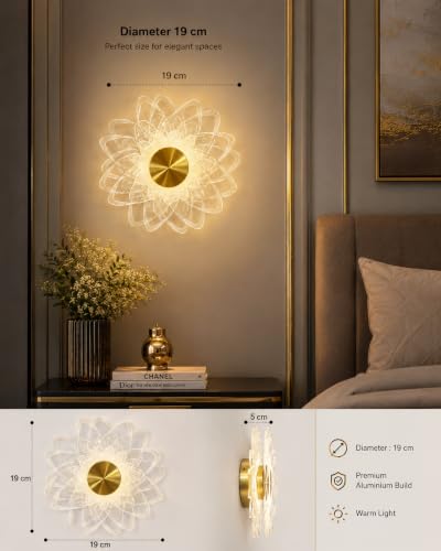 Image of FILLISKA Diamond Cut Glass Finish and Aluminium Indoor Luxurious Wall Lamp, with Adjustable Colour Temperature (Acrylic Gold Flower-013B)
