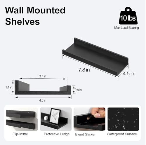 Image of Small Black Floating Shelves for Wall, Shelf with Lip Set of 2, 8 in | Mini Display Ledge Shelf for Wall Decor, Wall Mounted Wood Shelves for Bedroom, Bathroom, Living Room, Kitchen, Nursery Room