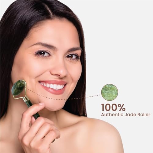 Image of 3D Manual Roller Face Body Massager With And Anti Aging 100% Natural Jade Stone Roller Msagger With Gua Sha Tools for Face and Body Massager- (NEW blue+Stone)