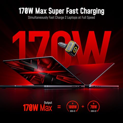 Image of AOHI SUPERAUTO 170W Car Charger with TFT Smart Display, 140W PD 3.1 USB C Fast Charging Car Adapter, Compatible with MacBook Pro, Laptops, iPhone 17 Pro Max, Galaxy S25 Ultra