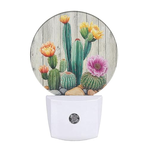 Image of Cactus Night Light Tropical Cacti Desert Green Plant with Flowers on Wooden Blank Night Lights Plug into Wall Auto on /Off LED Lighting for Home Hallway Stairway Kitchen