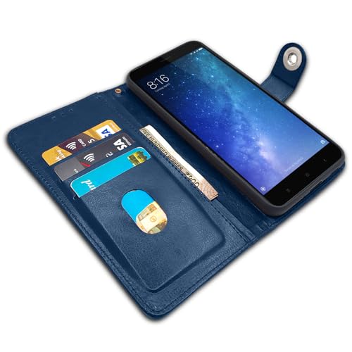Image of Pikkme Mi Max 2 Flip Cover Leather Finish | Inside TPU with Card Pockets | Wallet Stand and Shock Proof | Complete Protection Button Flip Case (Blue)